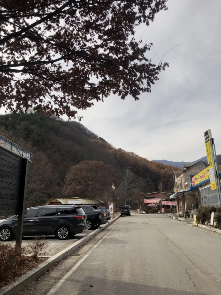 자동차가 여러대 주차 되어 있는 등산로 초입 사진